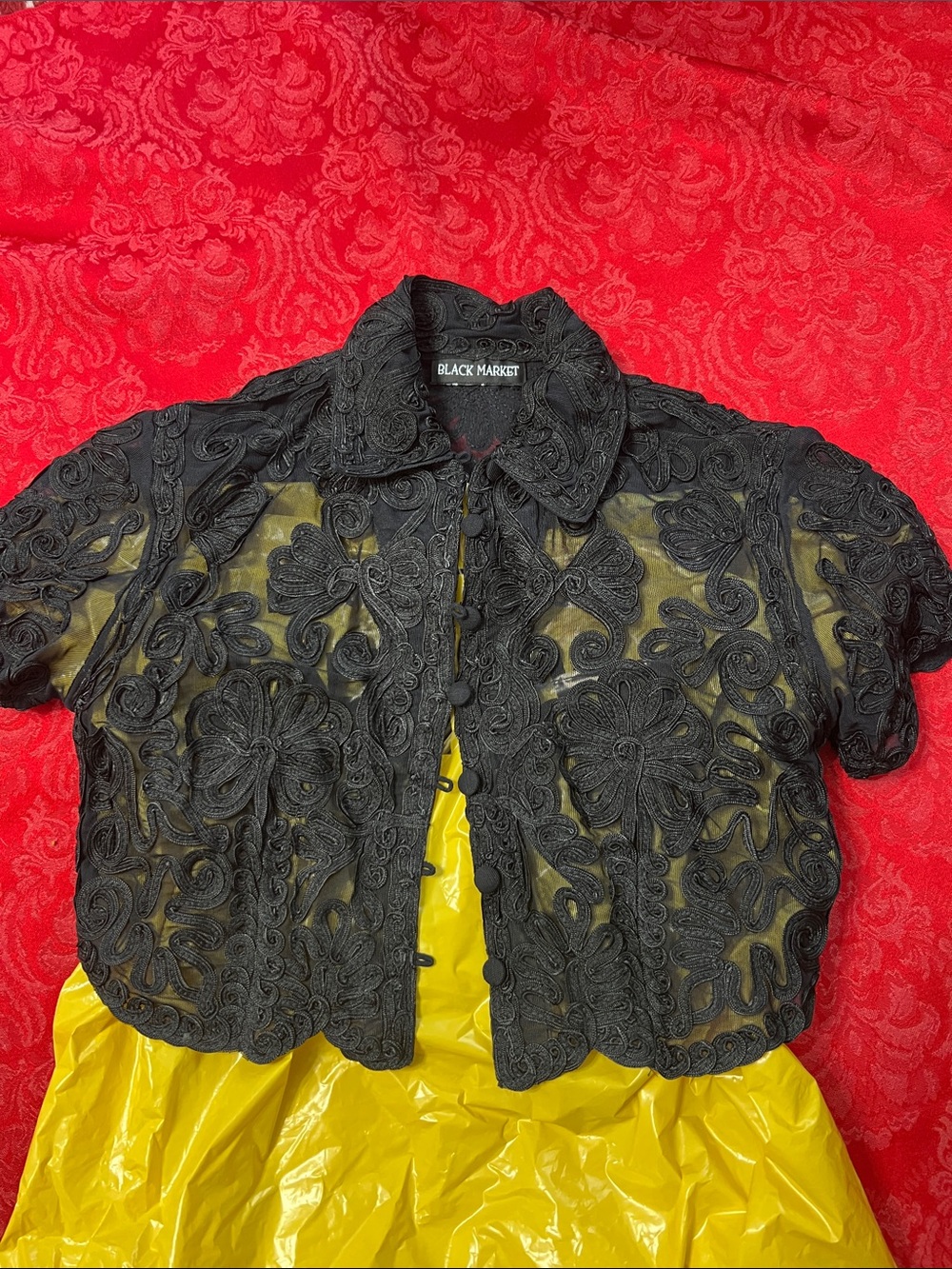 Black Market Black Lace Overlay Cropped Top Sheer Button Front
